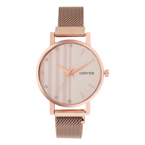 Sandy D Carter Metal Rose Gold Analogue Round Watches for Women_SDC24-71-RG-PK