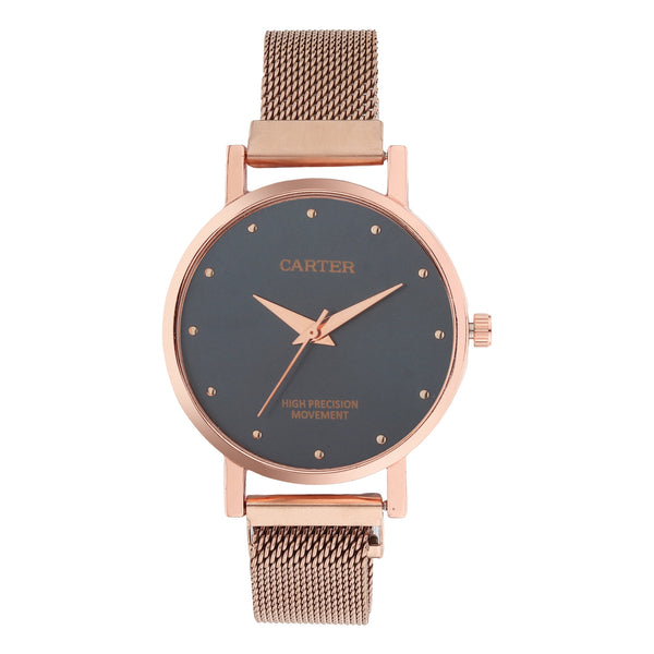 Sandy D Carter Metal Rose Gold Analogue Round Watches for Women_SDC24-77-RG-SL