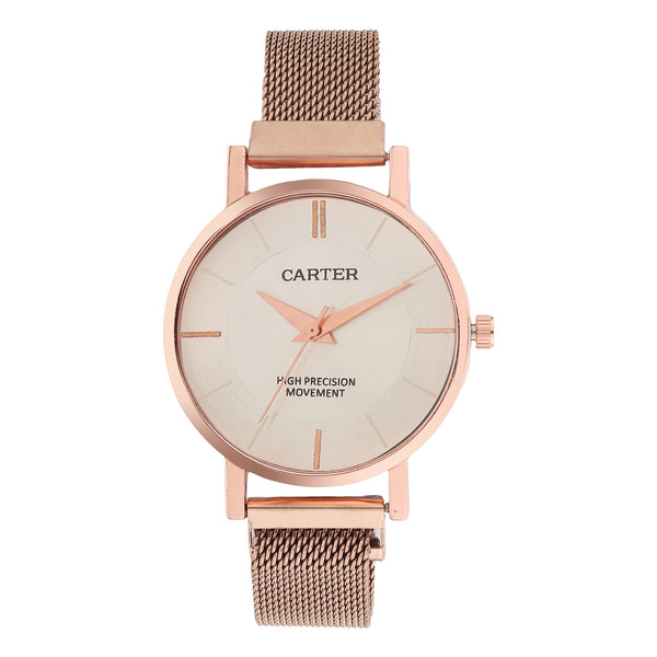 Sandy D Carter Metal Rose Gold Analogue Round Watches for Women_SDC24-73-RG-SL