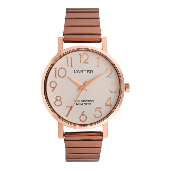 Sandy D Carter Metal Copper Analogue Round Watches for Women_SDC24-83-RG-WH