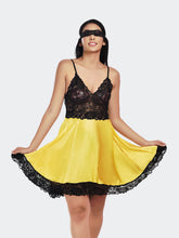 Fleurt Black-Yellow Satin Premium Baby Doll Dress for Women HOBF-satin frock-BK.YL