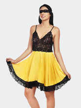 Fleurt Black-Yellow Satin Premium Baby Doll Dress for Women HOBF-satin frock-BK.YL
